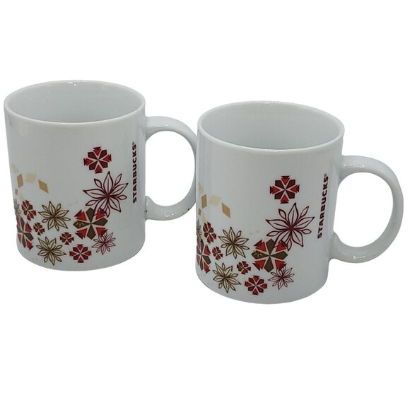 Starbucks Vintage Poinsettia Ceramic Coffee Mug Set Of 2pc 12oz Gold Red White - Picture 5 of 14